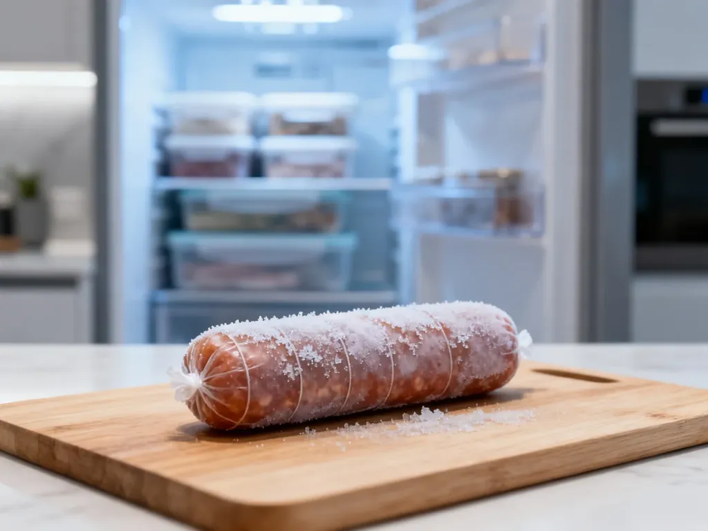 Zamrożona kiełbasa owinięta w folię na drewnianej desce, z wnętrzem zamrażarki widocznym w rozmytym tle.