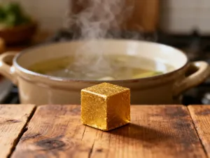Precyzyjna waga kuchenna z metalowym odważnikiem na drewnianym blacie, ilustrująca proces ważenia produktów.