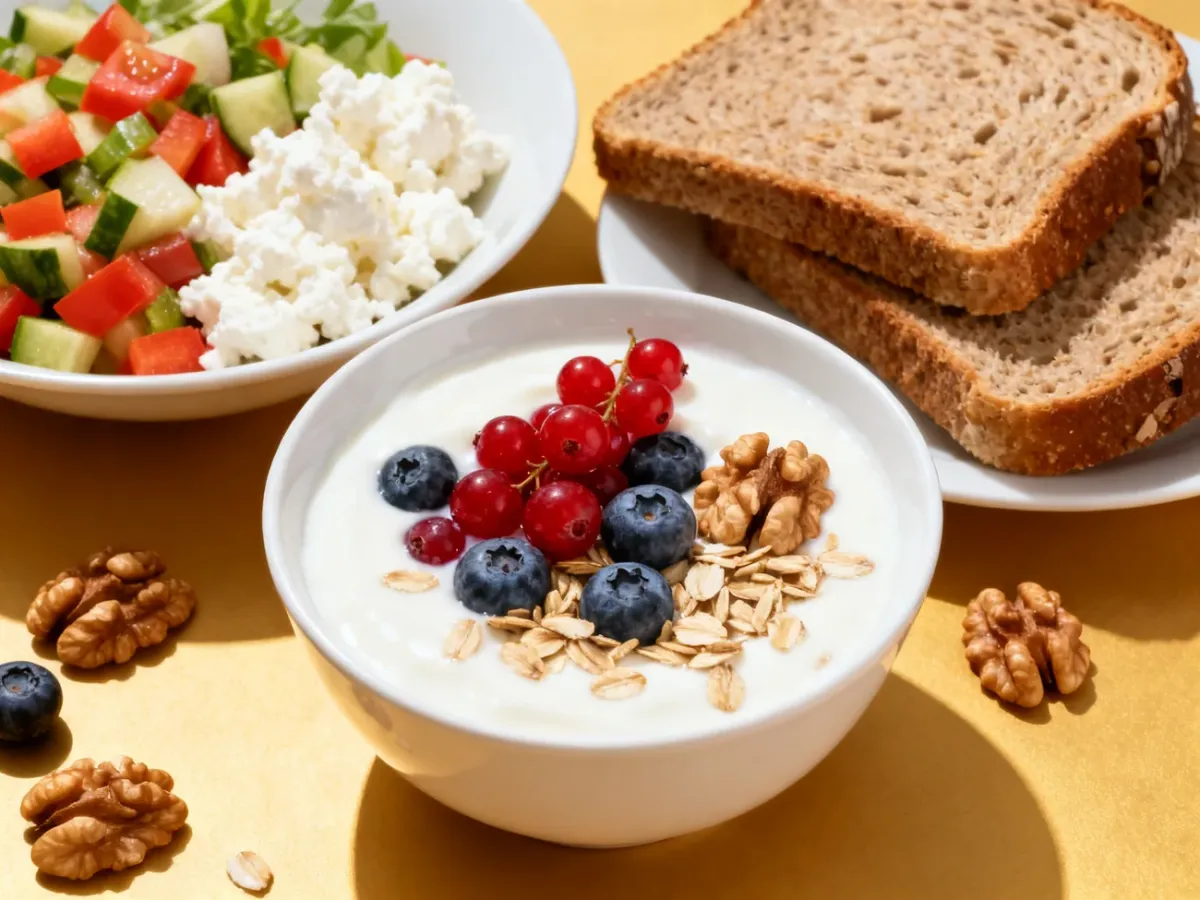 Jogurt naturalny z owocami jagodowymi, orzechami i płatkami oraz twaróg z warzywami