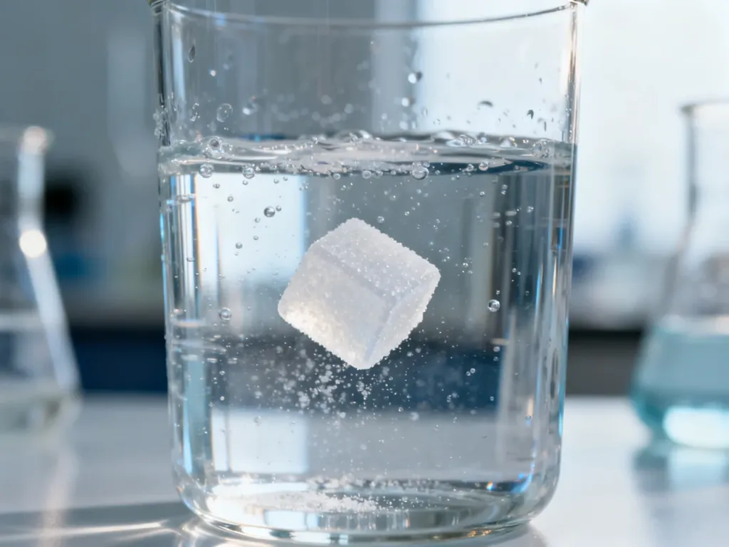 Szklanka wody gazowanej z rozpuszczającą się kostką słodzika w minimalistycznym, laboratoryjnym otoczeniu.