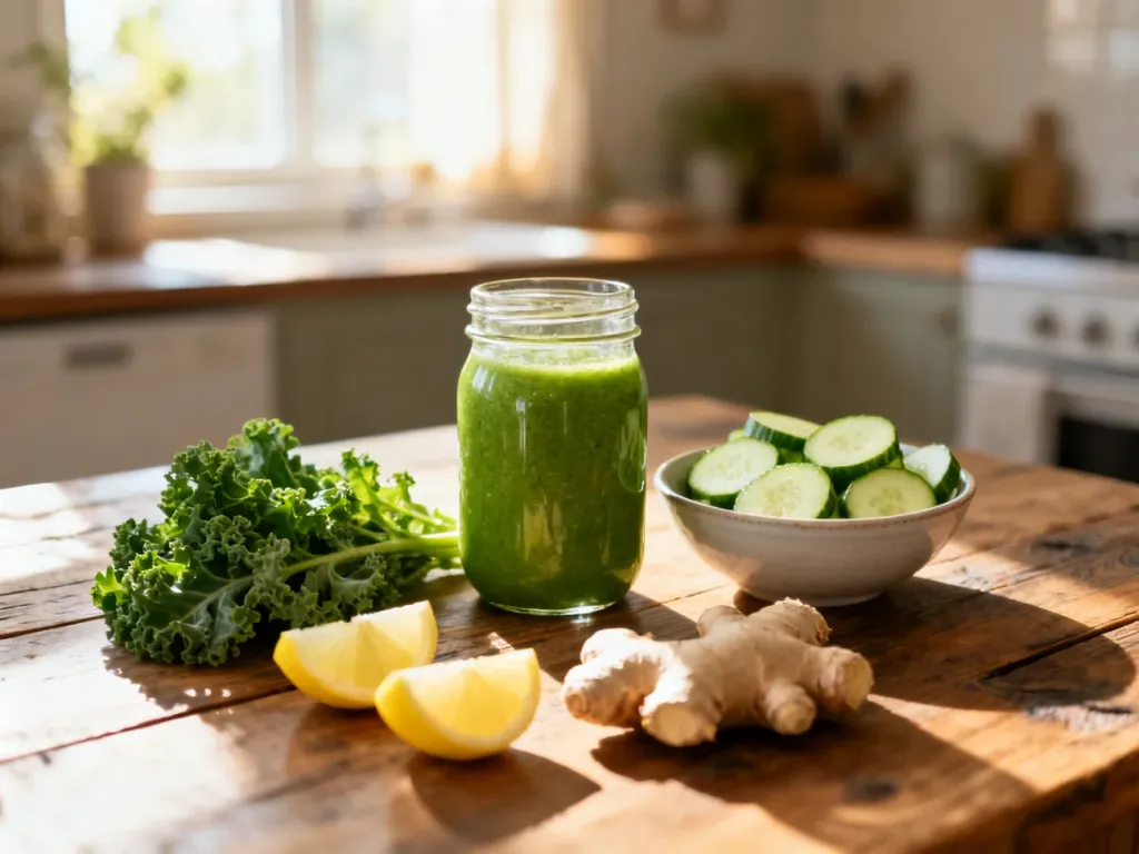 Świeże warzywa, jarmuż i zielone smoothie na drewnianym stole, ilustrujące zasady zdrowego oczyszczania organizmu.