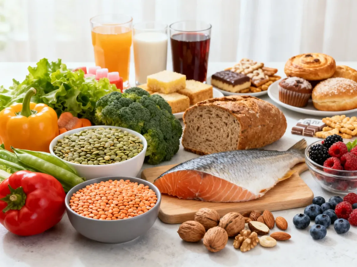 Zdrowe produkty zalecane w cukrzycy zestawione z żywnością wysokoprzetworzoną