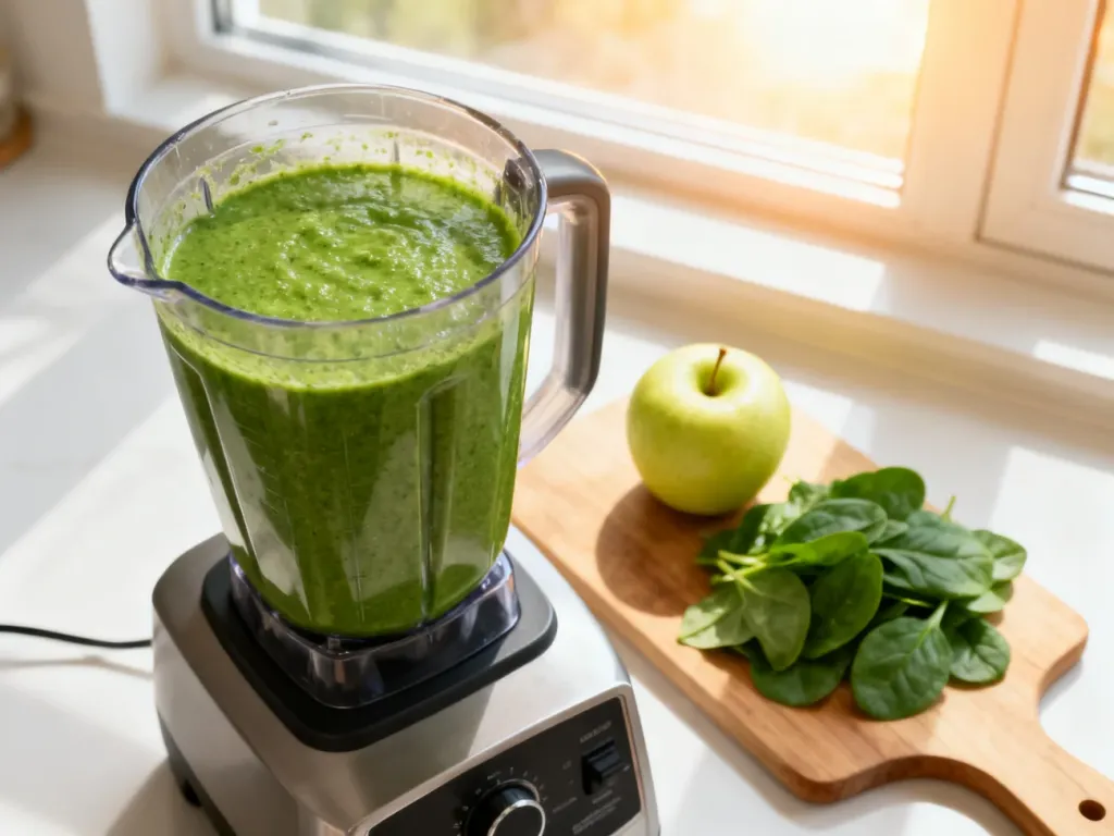 Blender z zielonym koktajlem obok świeżego jabłka i szpinaku na kuchennym blacie, ilustrujący proces przygotowania posiłku.