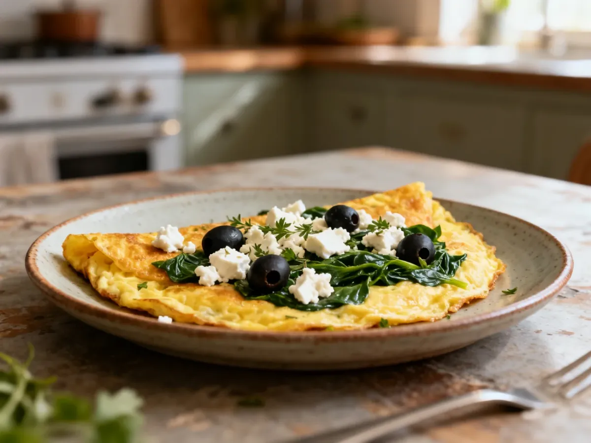 Omlet z fetą, oliwkami i szpinakiem na talerzu