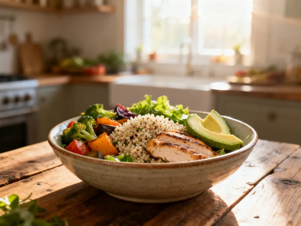 Zbilansowany posiłek z komosą ryżową, grillowanym kurczakiem i warzywami, idealny jako propozycja w diecie 1800 kcal.