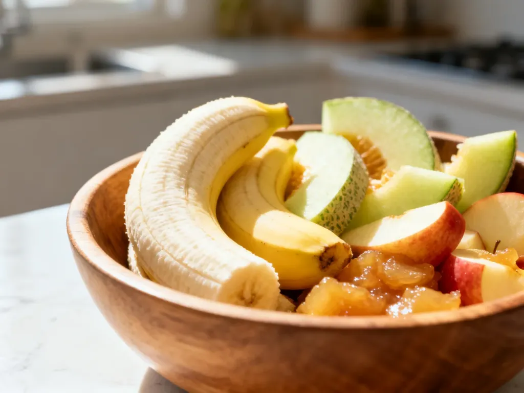 Drewniana miska z obranymi bananami, plastrami melona i duszonymi jabłkami – owoce idealne na dietę lekkostrawną.
