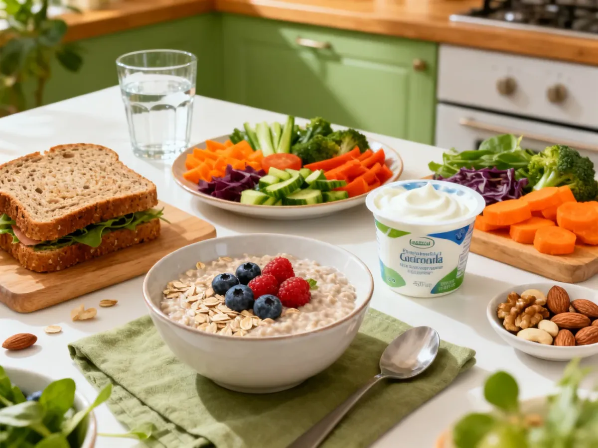 Zdrowe, różnorodne posiłki tworzące przykładową dietę 2000 kcal