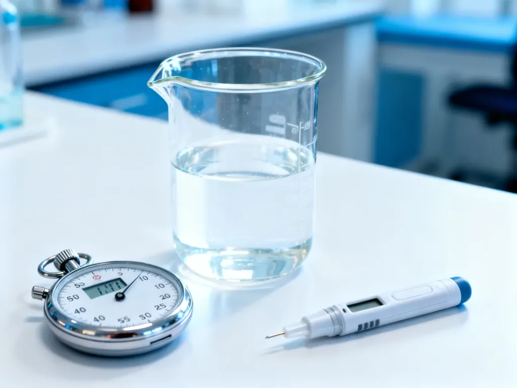 Szklanka z roztworem glukozy, stoper oraz lancet na laboratoryjnym stole, przygotowane do badania krzywej cukrowej.