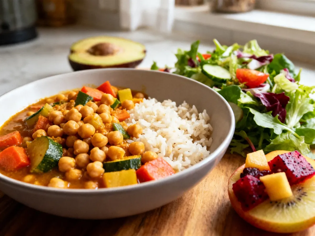 Curry z ciecierzycą i warzywami podane z ryżem jako posiłek bez glutenu i laktozy