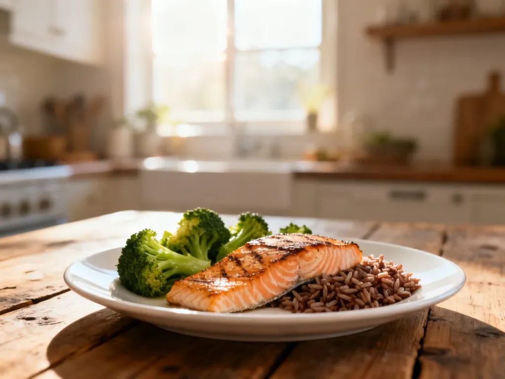 Zbilansowany posiłek z grillowanym łososiem, brokułami i brązowym ryżem na drewnianym stole, promujący zdrowe odżywianie seniora.