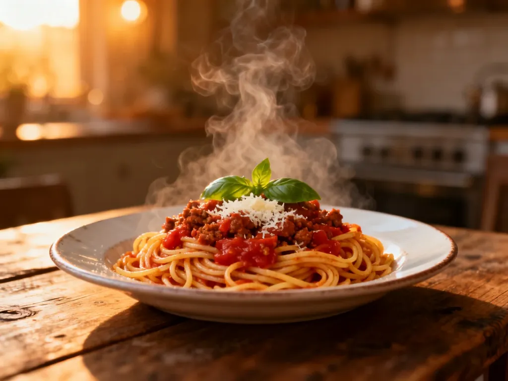 Talerz spaghetti bolognese z sosem pomidorowym, bazylią i parmezanem na drewnianym stole.
