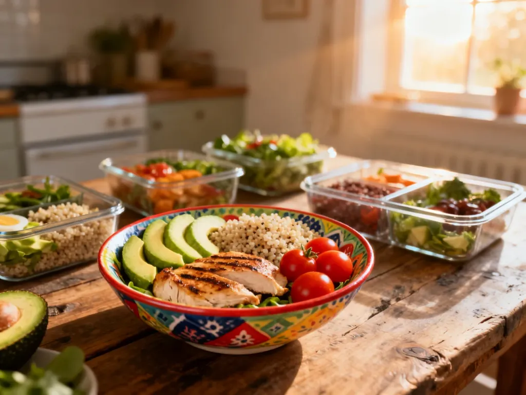 Kolorowa miska z grillowanym kurczakiem, awokado i komosą ryżową na drewnianym stole, prezentująca zdrowy posiłek 1700 kcal.
